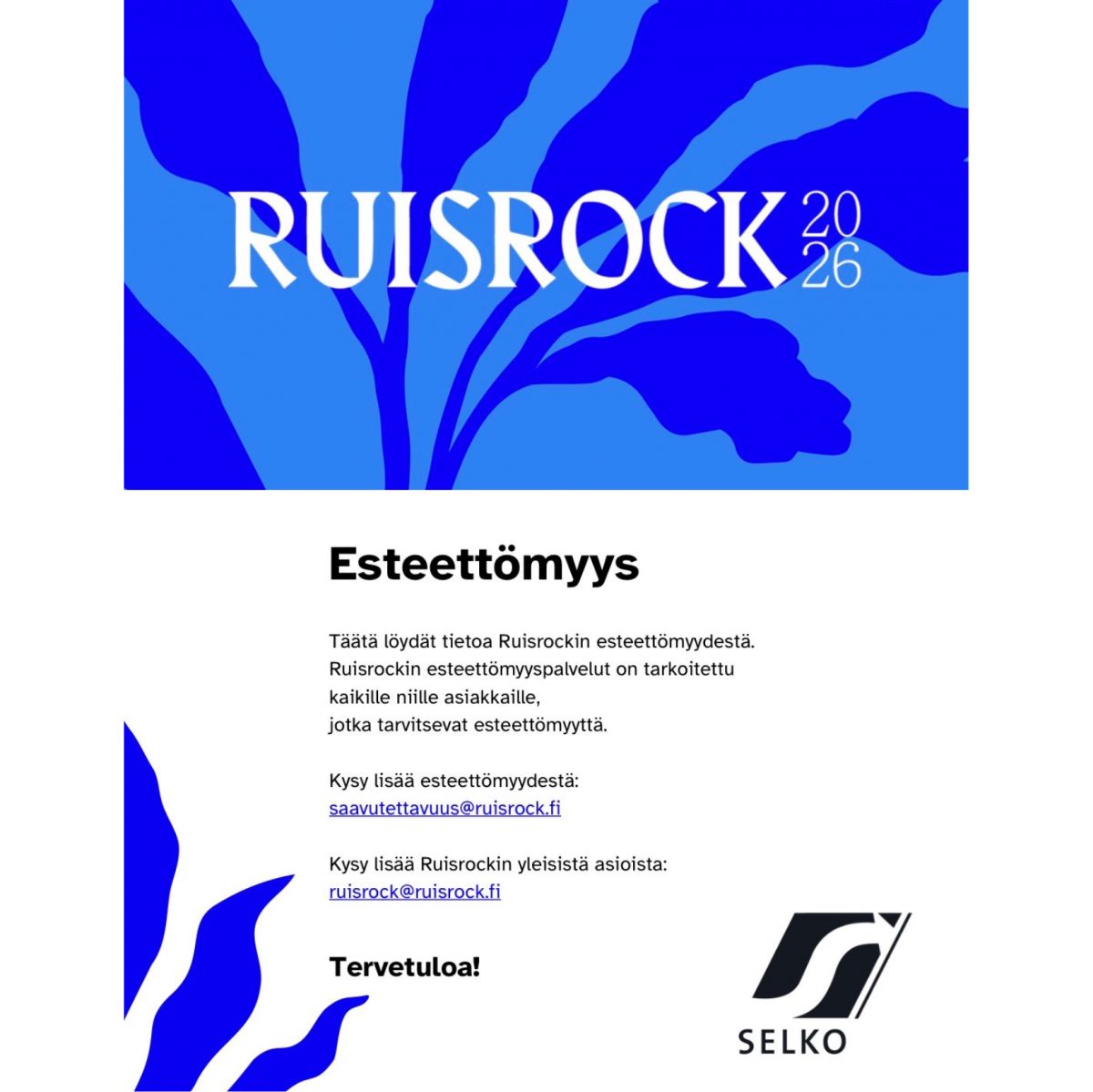 Sinivalkoinen vihon kansi. Kannessa on tekstit Ruisrock, Esteettömyys ja Selkotunnuslogo. Kannessa on myös pientä tekstiä, joka erottuu huonosti.